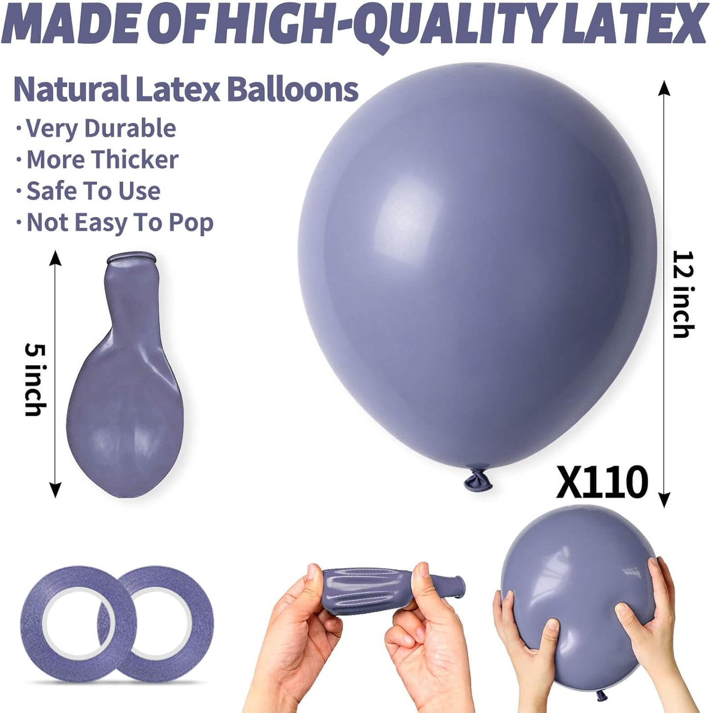 Skiennix Dusty Blue Balloons - 12 Inch Latex Balloons for Birthday Party & Baby Shower | 110pcs with Ribbons