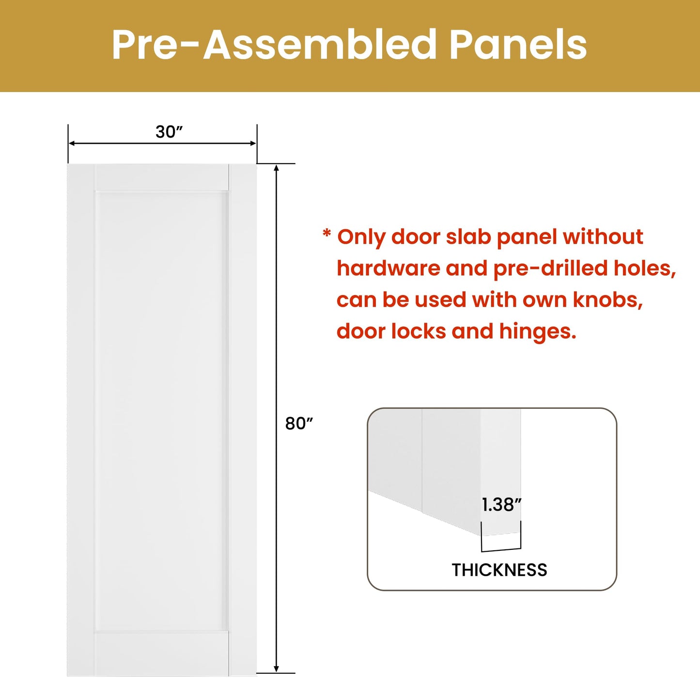 SmartStandard 30in x 80in Slab Door, Solid Core French Doors Interior, White Primed Shaker for Pantry, Bathroom, Laundry, Pre-Assembled Panel Without Hardware Kit