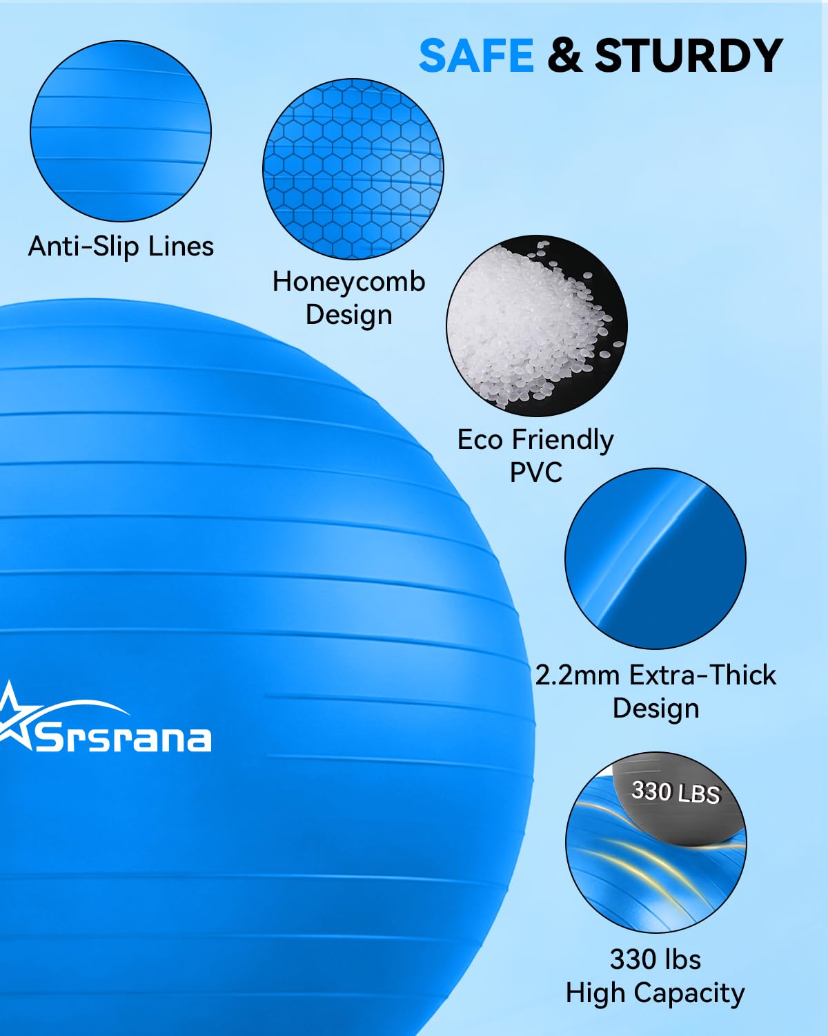 Srsrana Exercise Ball - Anti-Burst Yoga Ball for Pilates, Pregnancy & Core Stability - Ergonomic Office Desk Ball Chair & Physical Therapy Equipment, Quick Pump Included