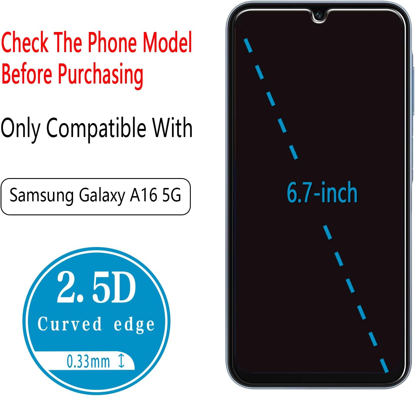 (2 Pack) A16 5G Designed for Samsung Galaxy Tempered Glass Screen Protector, Anti Scratch, Bubble Free