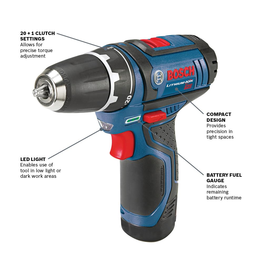 BOSCH Cordless Drill PS31-2A 12V Max 3/8 Inch Drill/Driver Kit with (2) 2 Ah Batteries and Charger, Variable Speed
