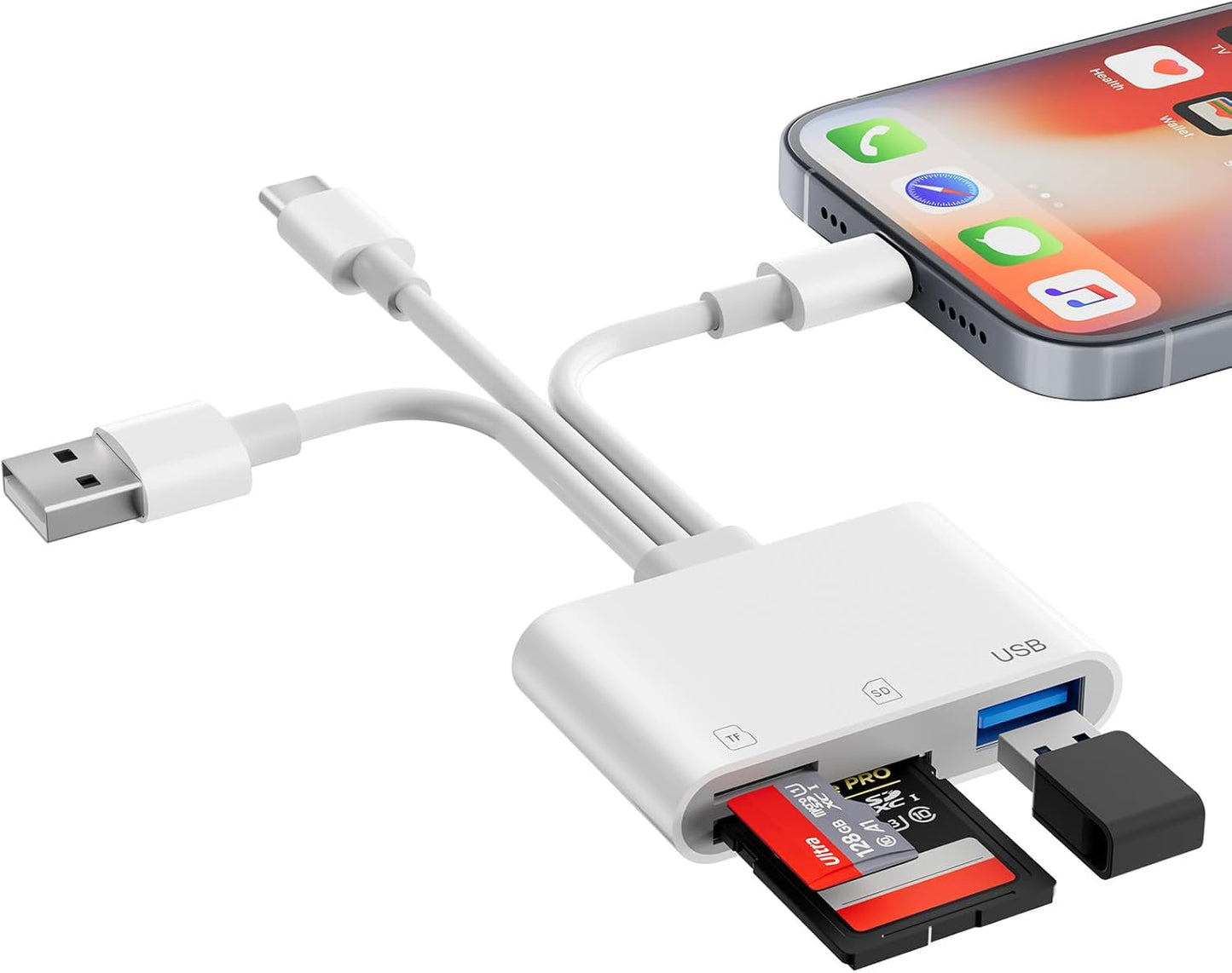 Denlane 3 1 SD Card Reader for iPhone iPad Mac, USB C & Lightning & USB-A in MircoSD/SD Adapter for Digital Camera USBC