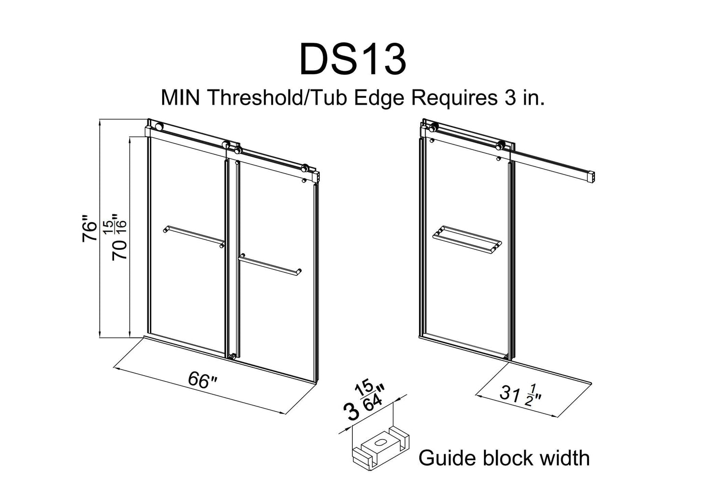 FEKEWIO Frameless Shower Doors 62-66" W x 76" H Double Sliding Soft Close 3/8"(10mm) Clear Tempered SGCC Shatterproof Glass Width Adjustable, DS13- Matte Black