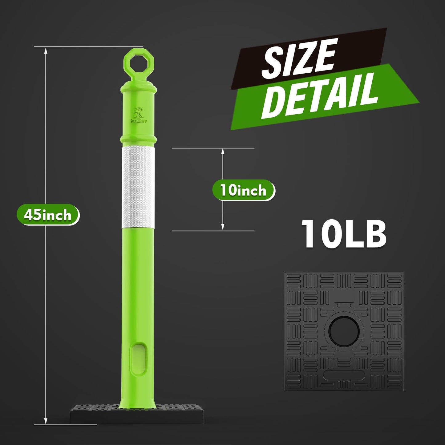 RoadHero 45 Inch Delineator Post with Base, Portable Lime Green Traffic Delineator Posts Cones with Reflective Collars for Parking Lots, Road Safety, Construction Events (6 Pack)