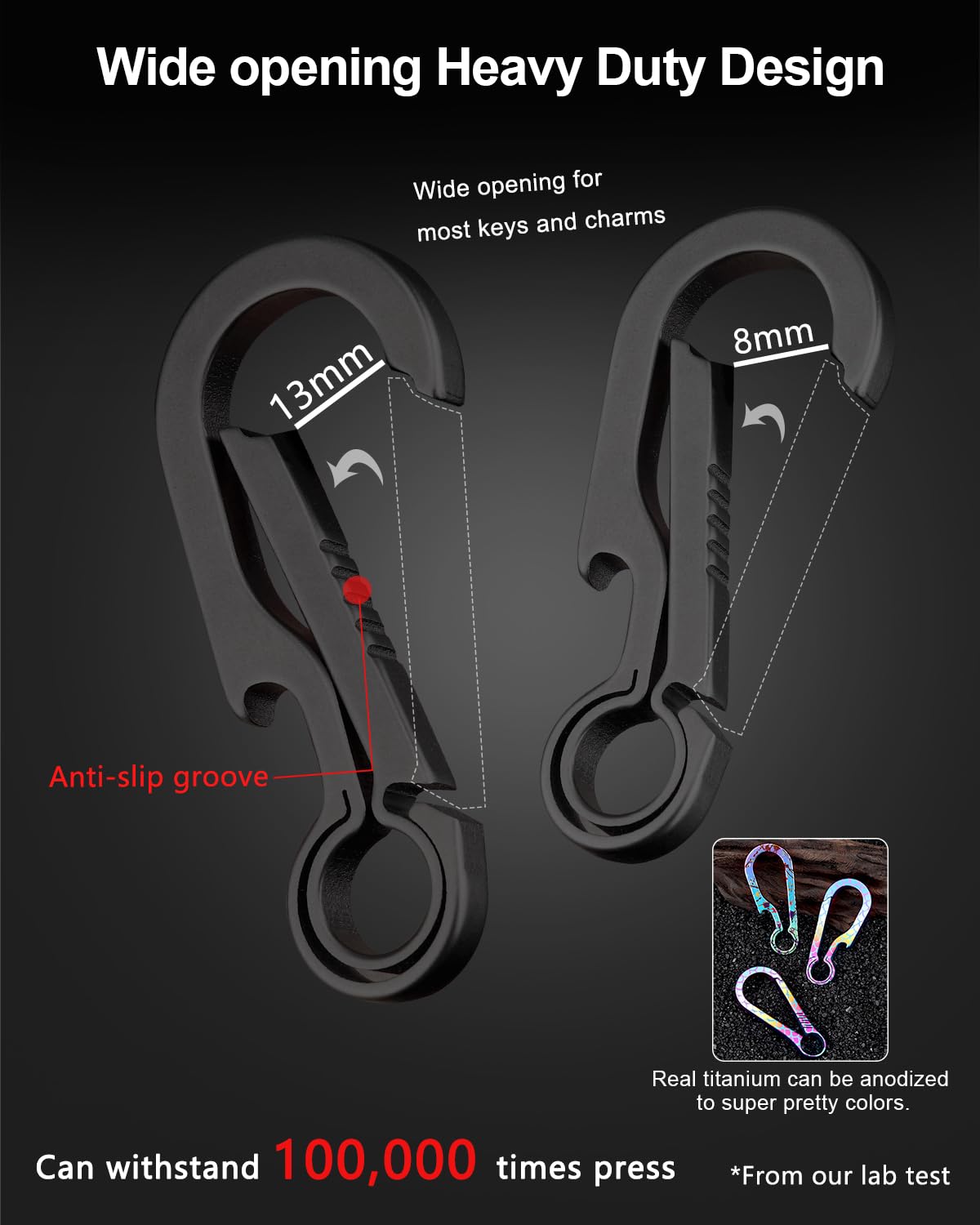 PJYTAC Titanium Carabiner Keychain Clip with Key Rings 2/2.6 Inch Small Carabiner Clips Black Heavy Duty Key Holder Quick Release Key Chain for Keys Bottle Opener Valentines Day Gift for Him Men