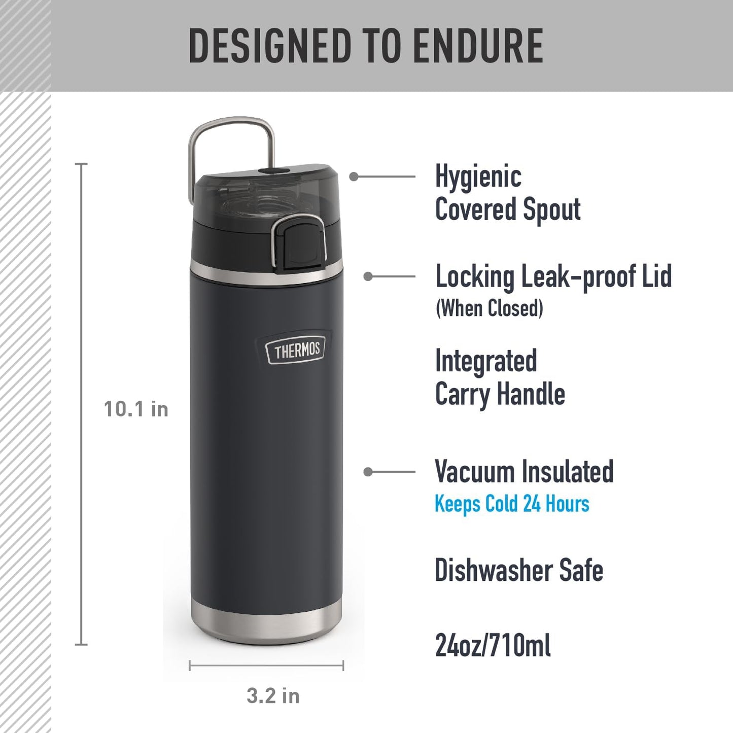 THERMOS ICON SERIES Stainless Steel Water Bottle - 24 Ounce, Granite | Vacuum Insulated with Spout Lid