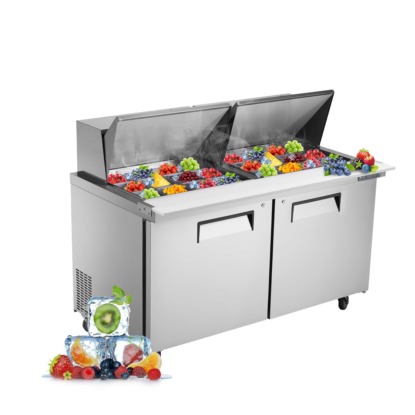 JINSONG 60" Refrigerator Sandwich & Salad Prep Table, Stainless Steel Refrigerated Food Prep Station, 16.4 cu. ft with Cutting Board and 16 Pans for Restaurants, Bar, Shops, etc