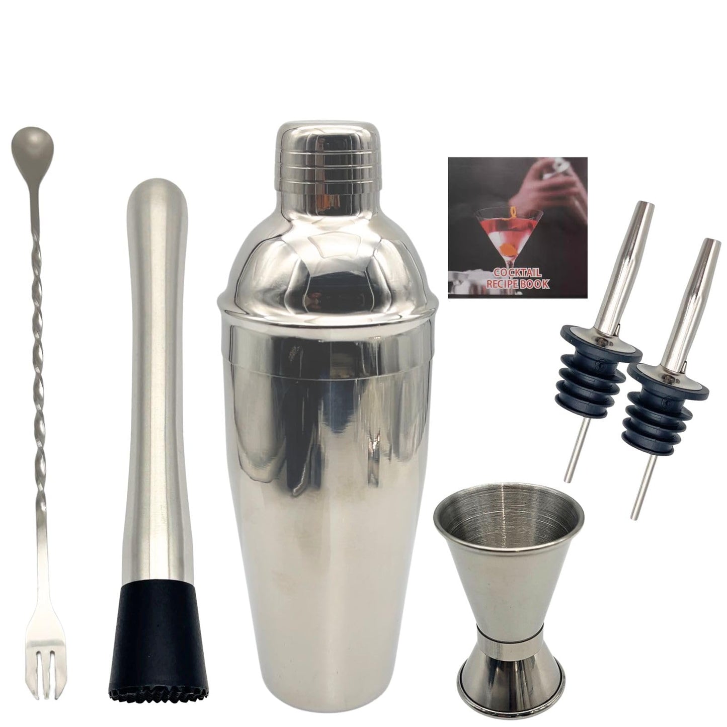 7-Piece Cocktail Shaker Set, Bartender Kit, Home Bar Accessories, Mixing Spoon, Measuring Jigger, Pour Spout, Muddler ，23oz Shaker with Built-in Bartender Strainer，Stainless Steel Bar Set