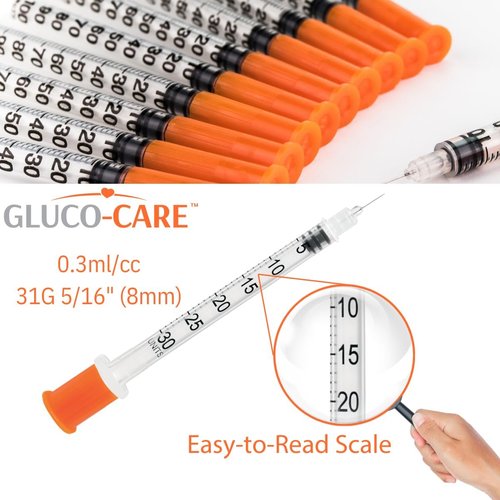 GLUCO-CARE 31G x 5/16’’ Syringes - 0.3 ml/cc, Orange Cap, Box of 100 for Precision Dosing