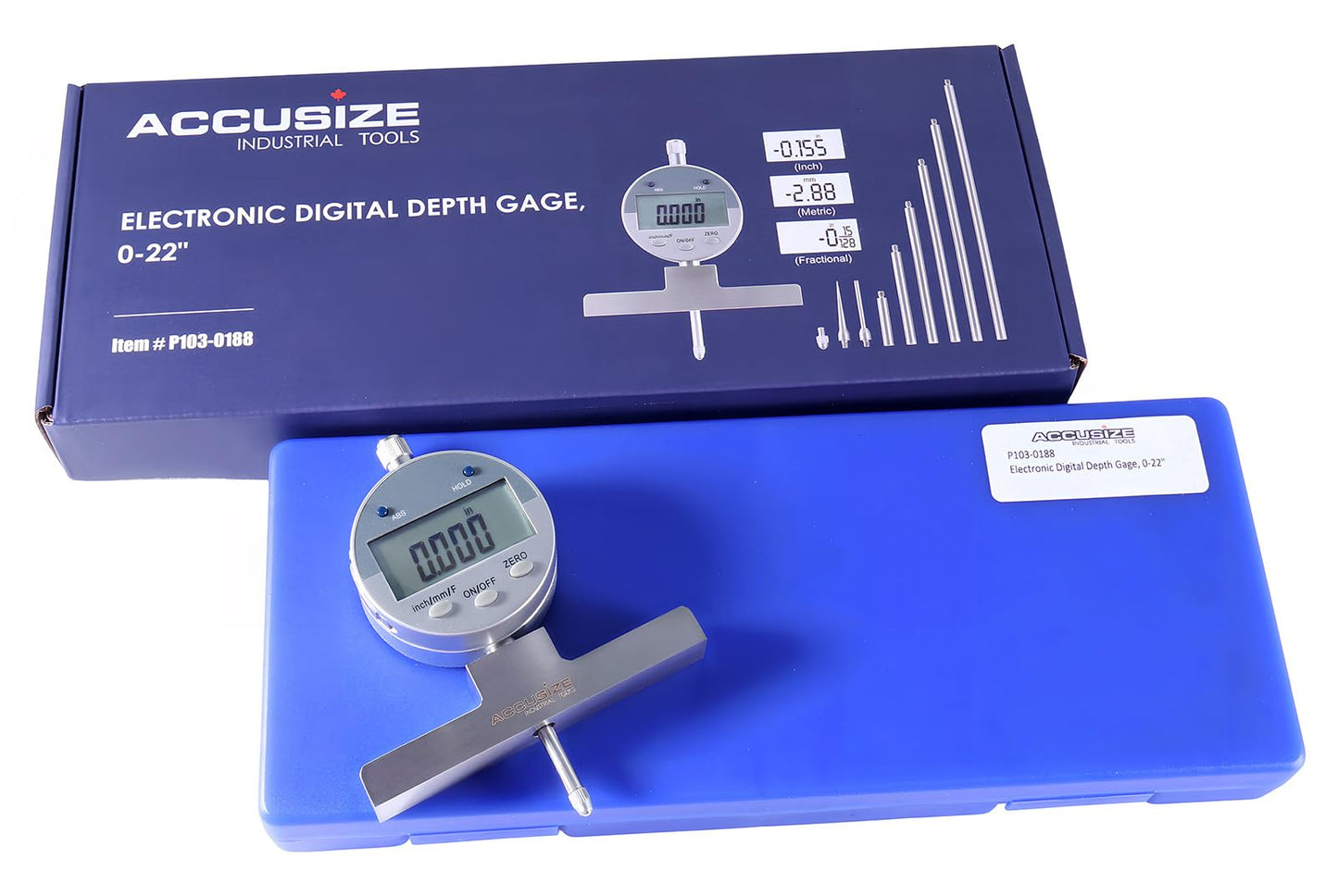Accusize Industrial Tools - 0-22 inch Electronic Digital Depth Gauge, Inch/Metric/Fractional, 2 Extra Points for Small Hole Applications, P103-0188