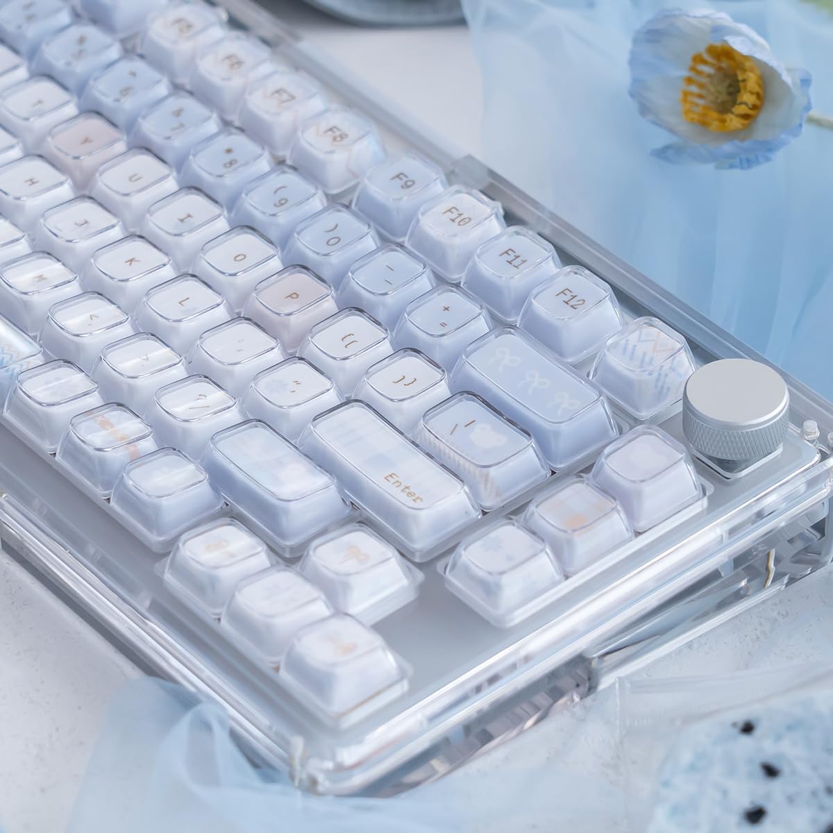SUEHIODHY 123 Set, 61/68/84/87/98/100 Crystal Jelly Keycaps, Blue White Translucent Keycaps, Keys Custom KDA Profile