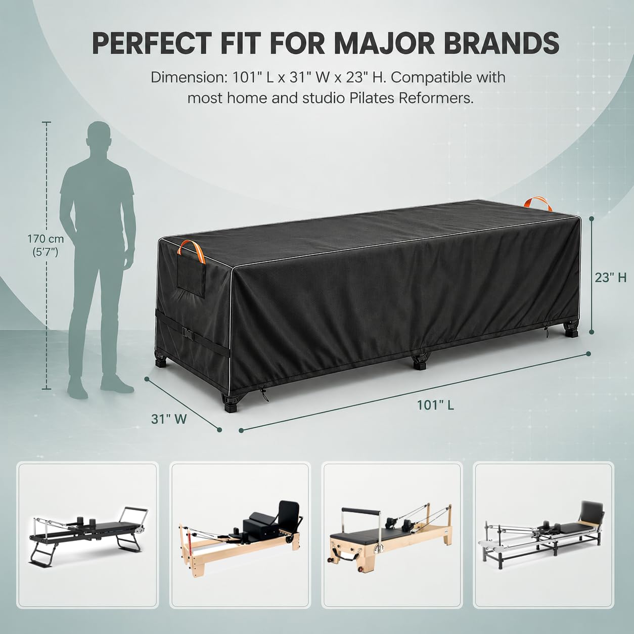 Pilates Reformer Cover, 600D Heavy Duty Waterproof Reformer Protection, Dustproof Pilates Equipment Machine Cover for Home Gym Yoga Studio Indoor Outdoor, Black 101"x31"x23"