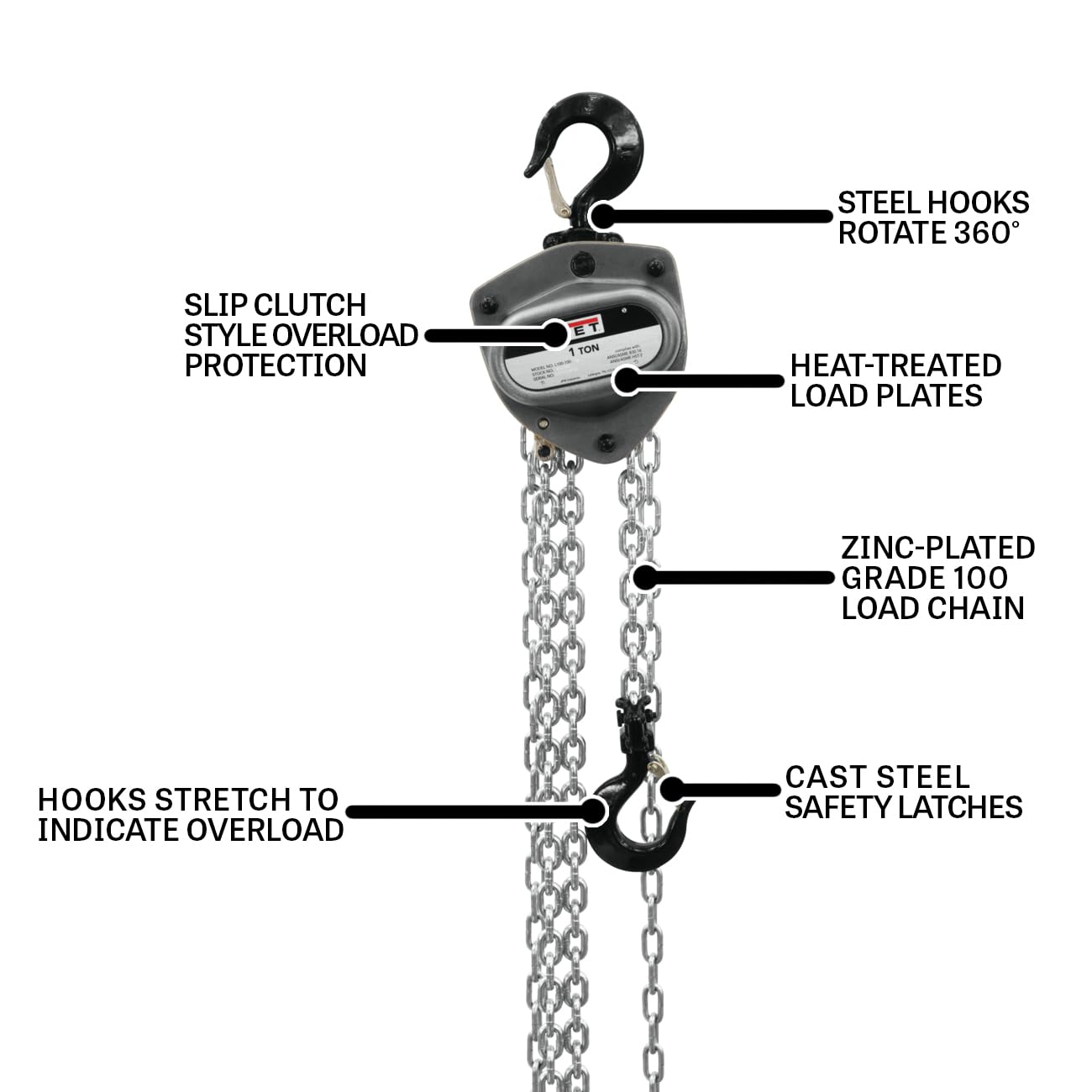 JET 1-Ton Hand Chain Hoist, 15' Lift, Overload Protection (L-100-100WO-15)