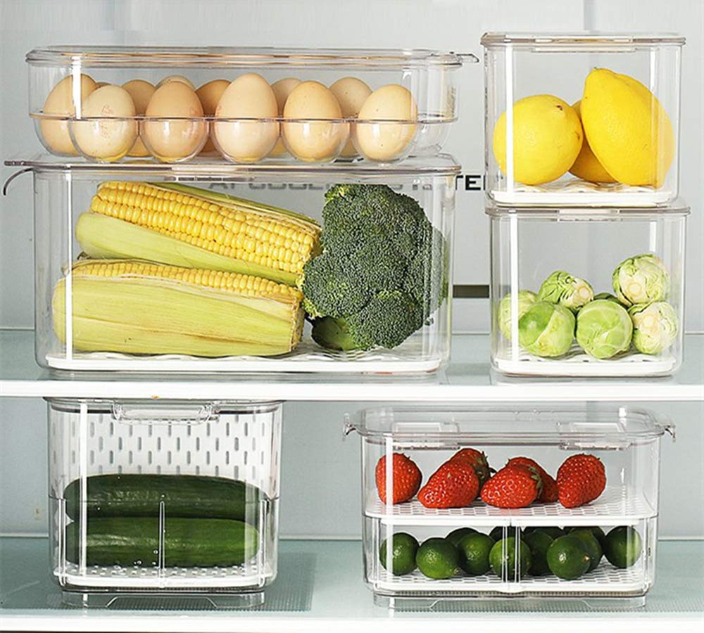 SANNO Fridge Food Storage Containers Produce Saver FreshWorks Produce Food Storage Container Bin Stackable Refrigerator Kitchen Organizer Keeper, with Removable Drain Tray to Keep Fresh