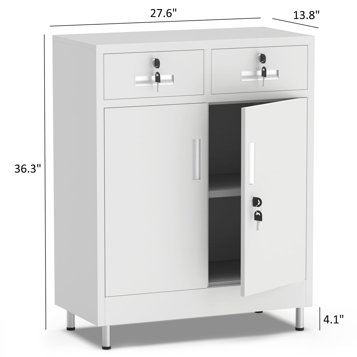 JINGUR Metal Storage Cabinet with Locking Doors and 2 Drawers, Lockable Storage Cabinet with Adjustable Shelf for Home Office Garage Entryway Pantry (White)