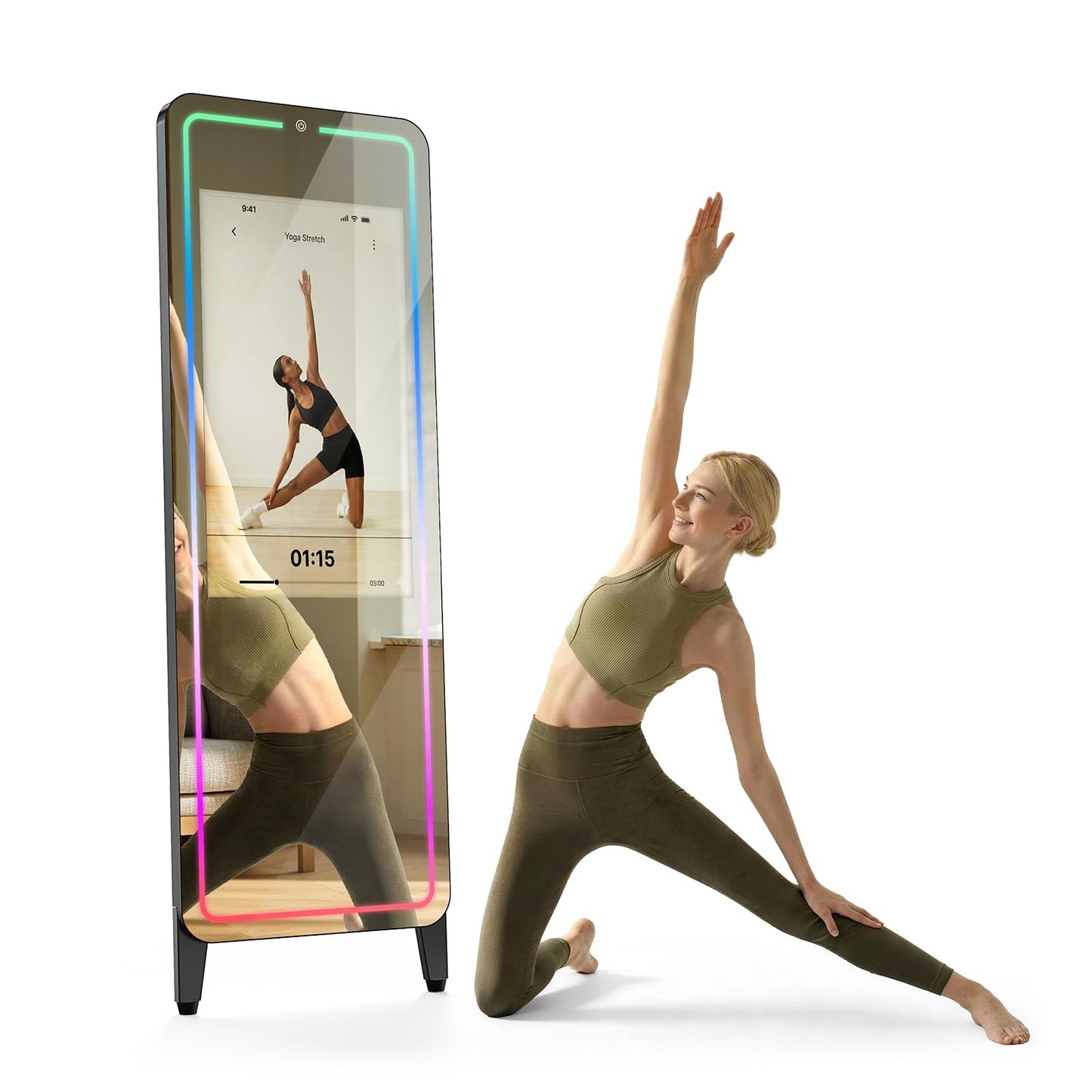 Smart Gym Mirror for Home Workouts, 32" HD Touchscreen with Android OS, 63" Full-Length Mirror, No Subscription Required, Fitness App Support, Voice Control & Music Sync LED Light Strip
