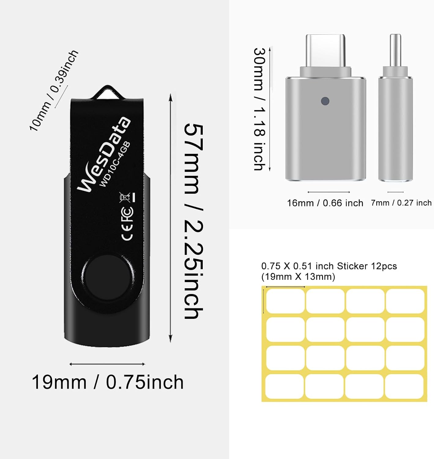WesData 10 Pack 4GB 2 (10 Flash Drives with USB C Adapters, Thumb Drive, Memory Stick Compatible with PC, Laptops, Mac