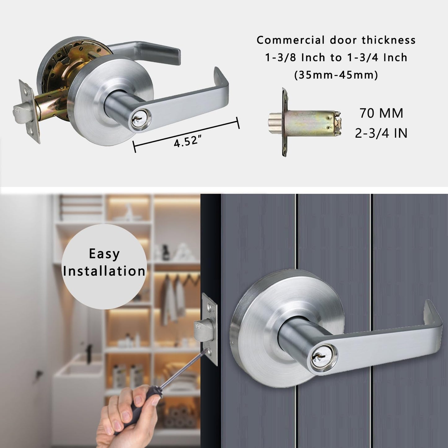 HISAFE Keyed Entry & Passage Commercial Door Locks Heavy Duty Grade 2 Lever, Non-Handed, UL 3 Hour Fire Rated, ADA Compliant, Satin Chrome Finish 26D, 2-3/4''Backset