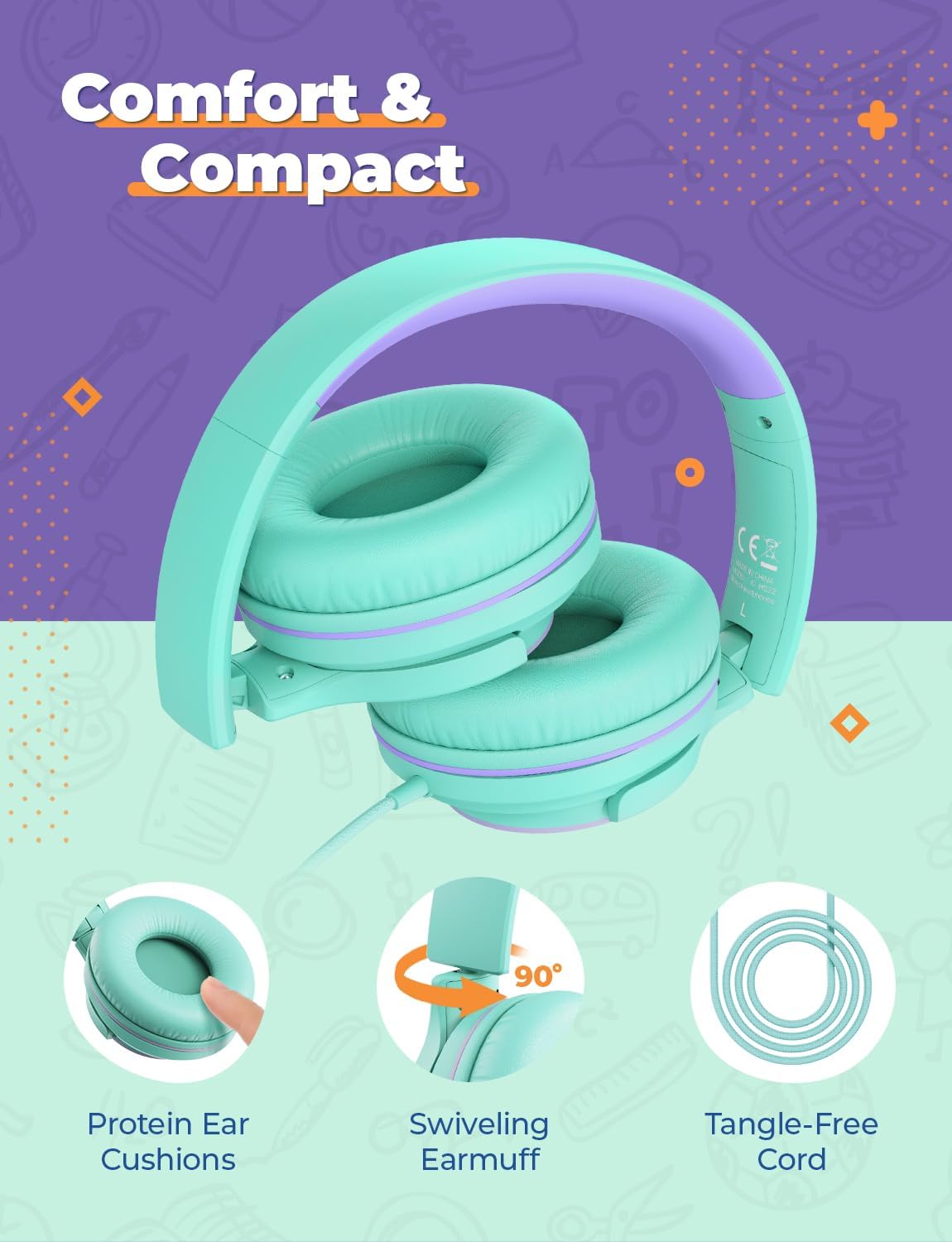 2Pack 85dBA HS22 3.5mm iClever Kids Headphones with Sharing Splitter - Safe Volume Limited - Wired Headphones for Kids