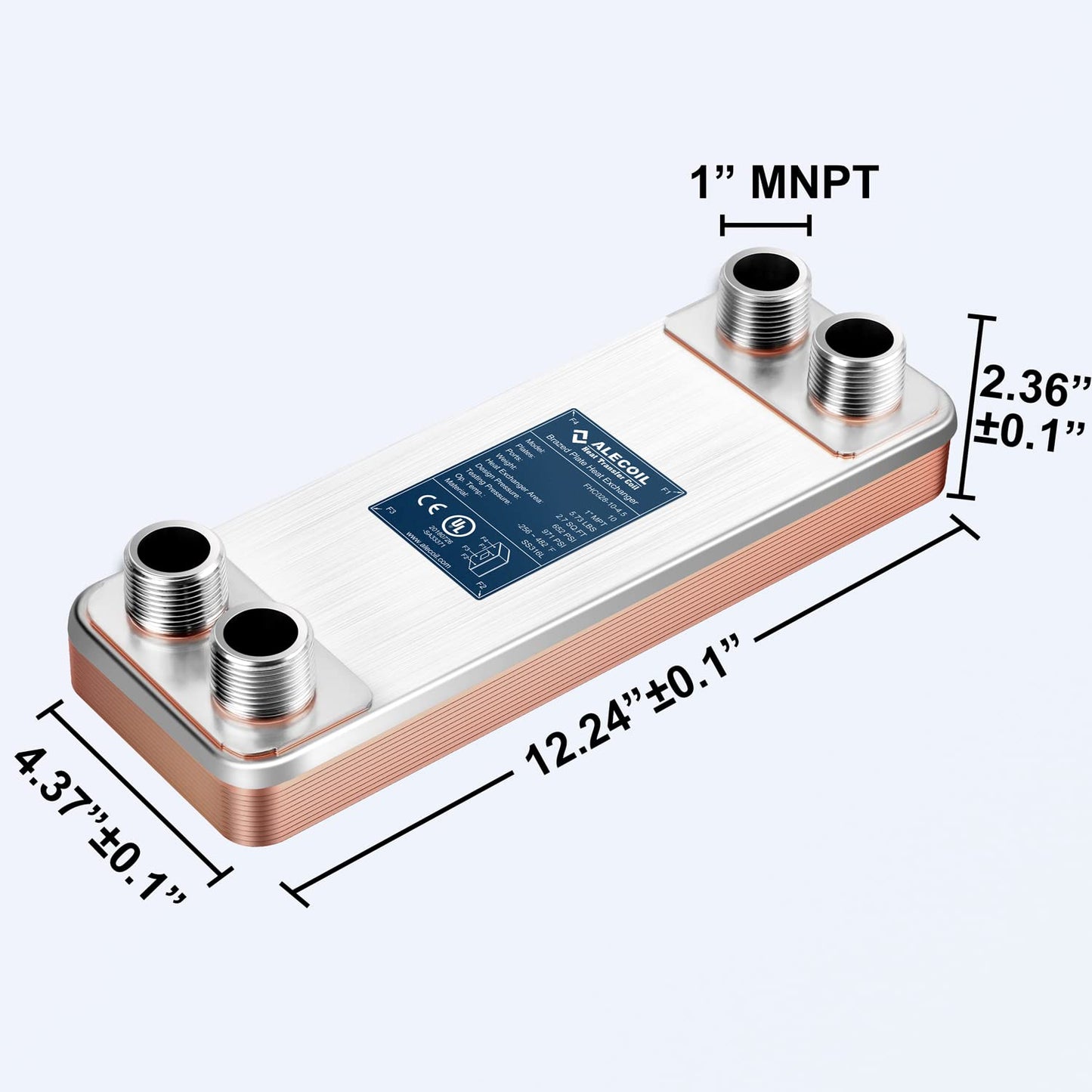 ALECOIL 4"x12"-10 Plates Heat Exchanger with 1" MPT Port Water to Water 316L Stainless Steel Brazed Plate Heat Exchanger for Water Heating, Floor Heating, Industrial and Commercial Refrigeration