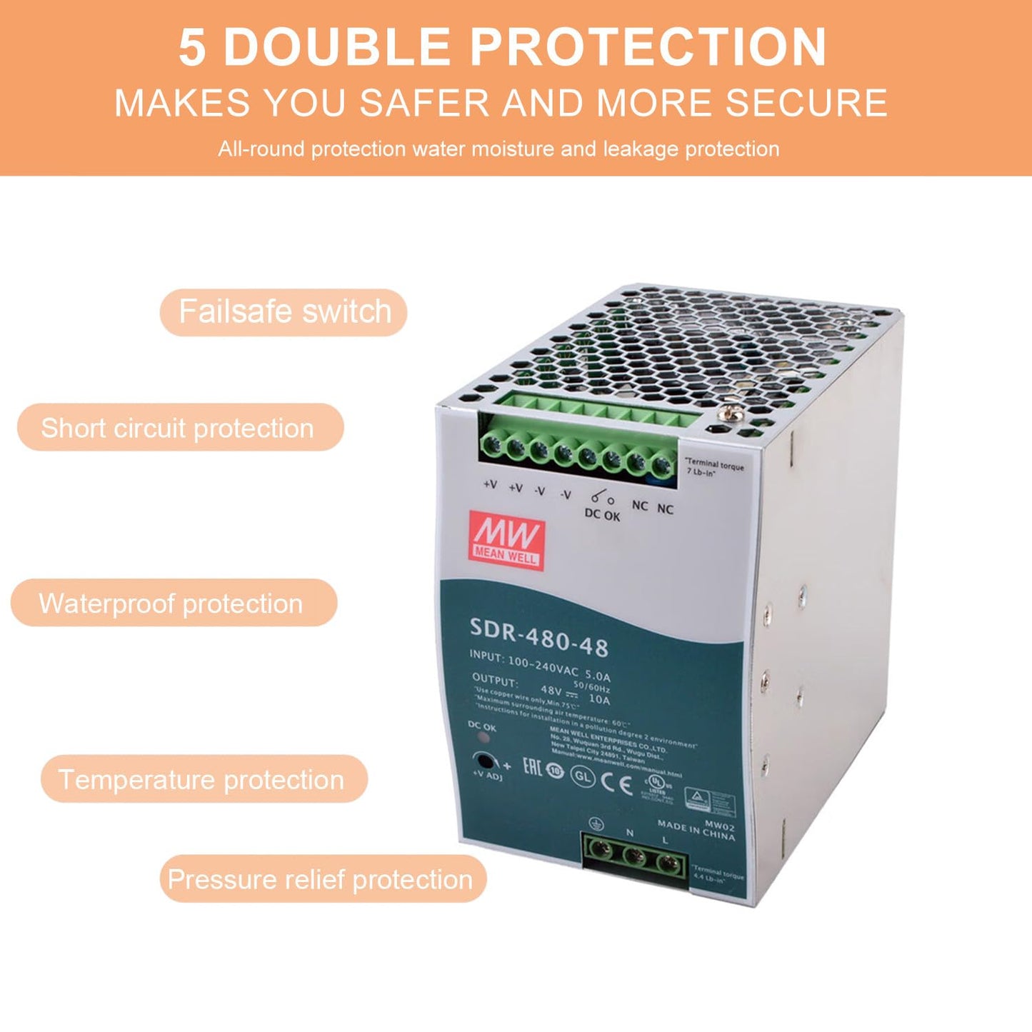 MedInnov SDR-480-48 480W 48V 10A High Power Industrial Power Supply - Robust and Reliable for Demanding Electromechanical Equipment Applications, DIN Rail Mount