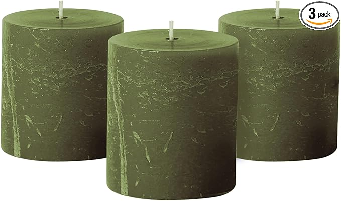 Simply Soson 3x3 inch Dark Moss Green Pillar Candles Set of 3, Rustic Texture, Unscented Green Candles, Dripless Candles, 3 inch Pillar Candles for Wedding Parties Spas Dinner Home Decoration Church