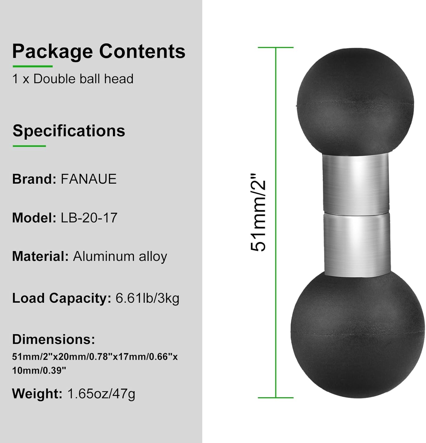 FANAUE 20mm 17mm Aluminum Extension Connector - Heavy-Duty to Adapter with Locking Nut | Ball Mount Extension