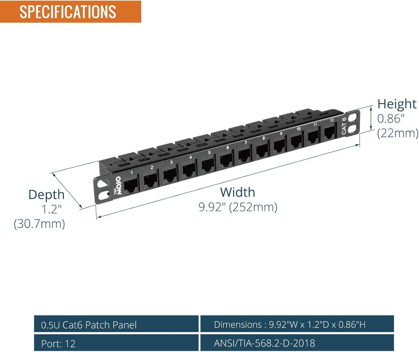 Tecmojo 12-Port Cat6 0.5U 10" Patch Panel, Rack Mount Modular Panel with Keystone Coupler, for Server Rack & Network