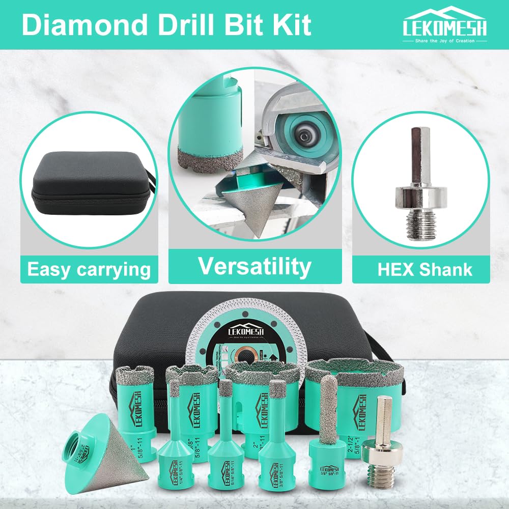 LEKOMESH Tile Hole Saw Kit - (6/8/10/25/35/50/65mm+10mm Finger Bit+50mm Chamfer Bit+Adapter) and 4.5 Inch Diamond Saw Blade Cutting Disc Wheel
