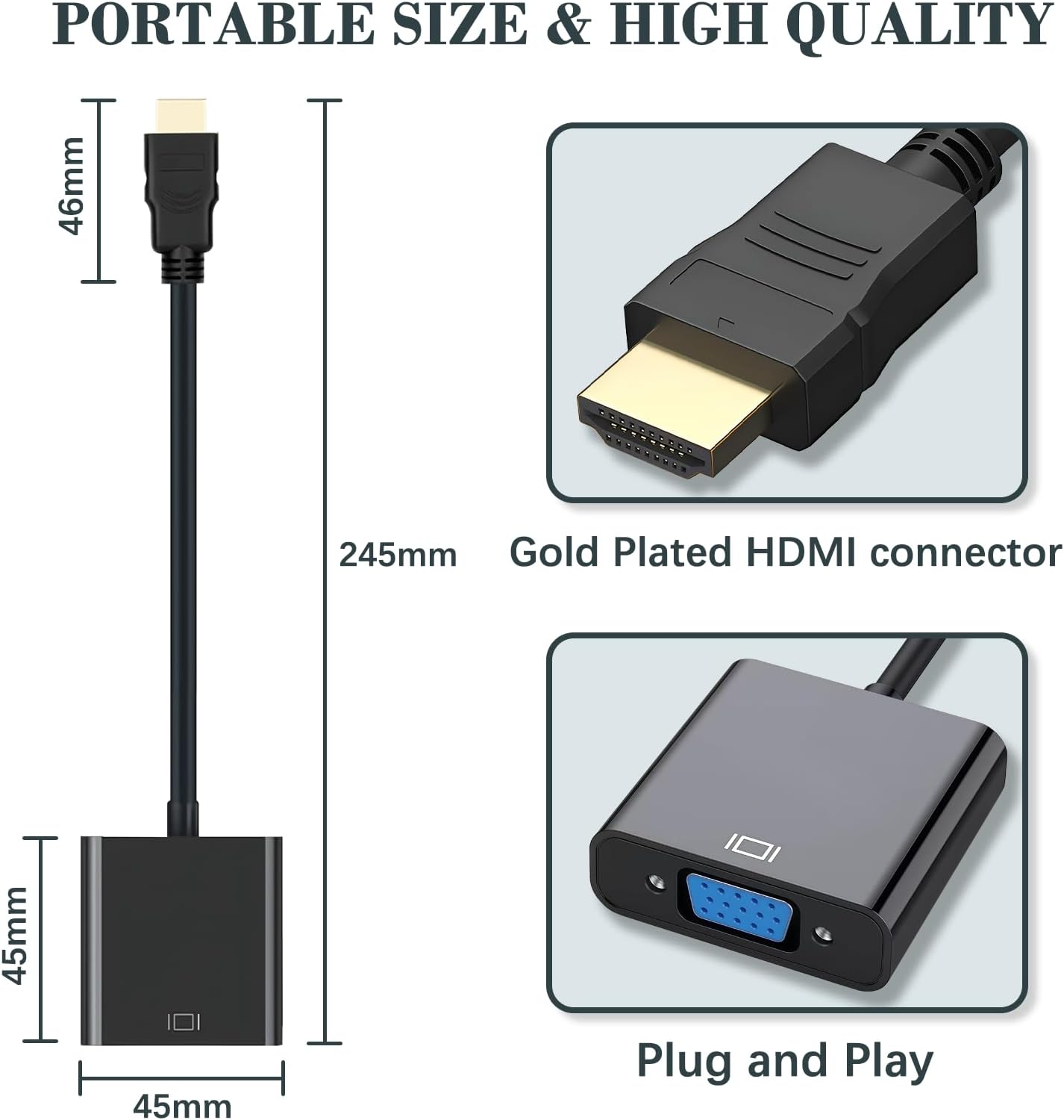 Wanme HDMI to VGA Adapter, High-Speed HDMI to VGA Converter Adapter (Male to Female) for Computer, Laptops, PC