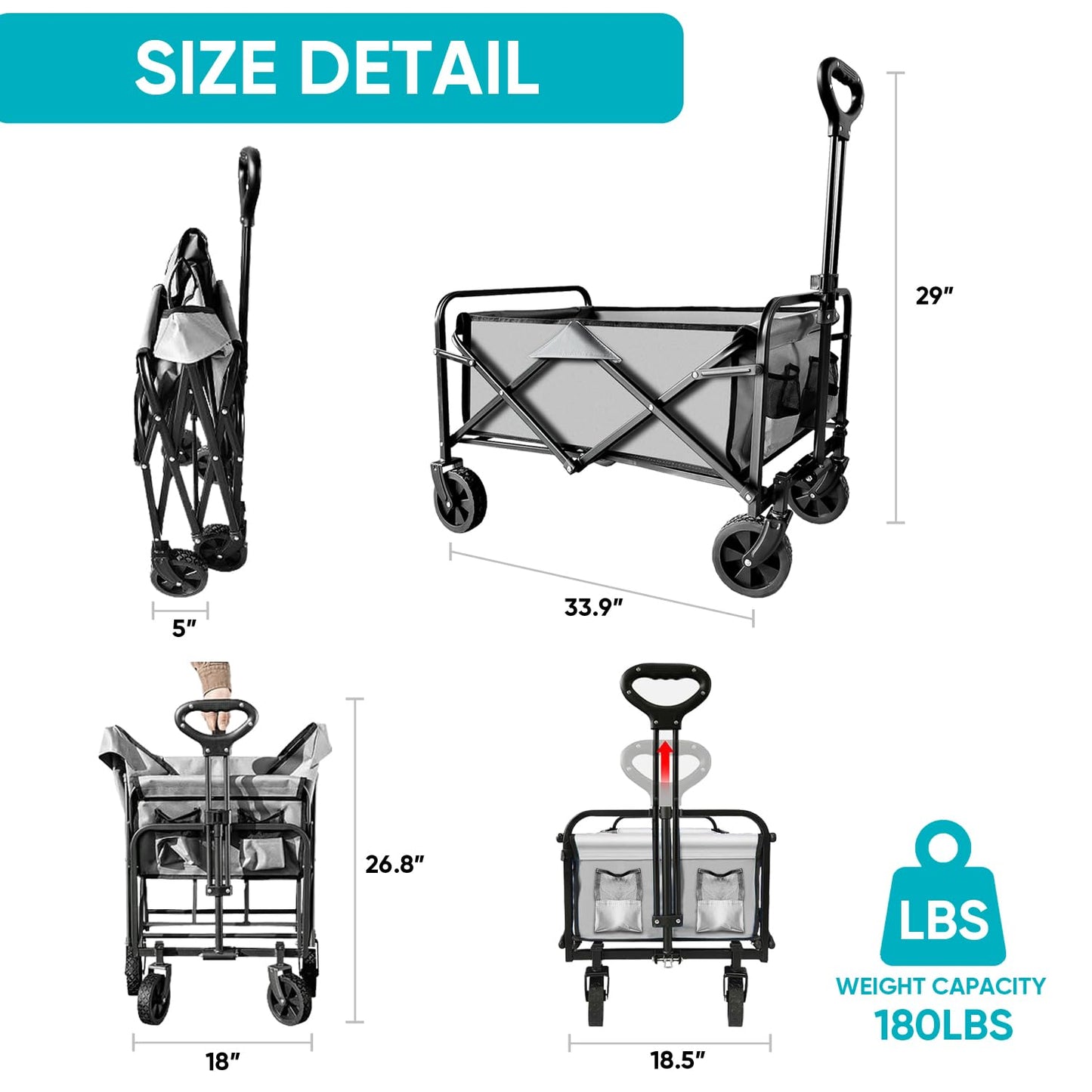 SAILARY Collapsible Wagon with Quiet Wheels - Silent Grocery Shopping Cart for Seniors, Foldable Utility Cart for Laundry & Apartment, Washable Heavy Duty Rolling Wagon with Two Mesh Pockets, Gray