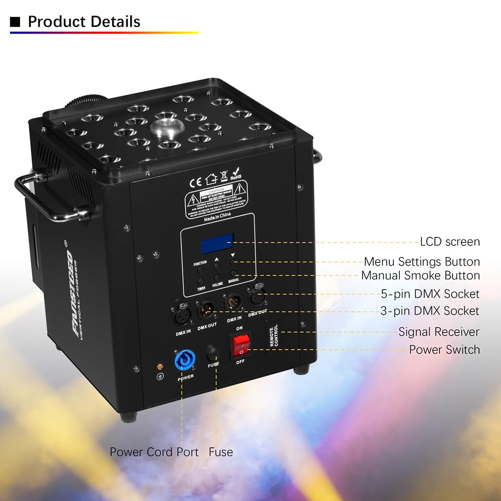 Vertical Fog Machine 1800W with Remote & DMX Control, Timer Function - Perfect for Stage Performances, Halloween, Gender Reveal Parties