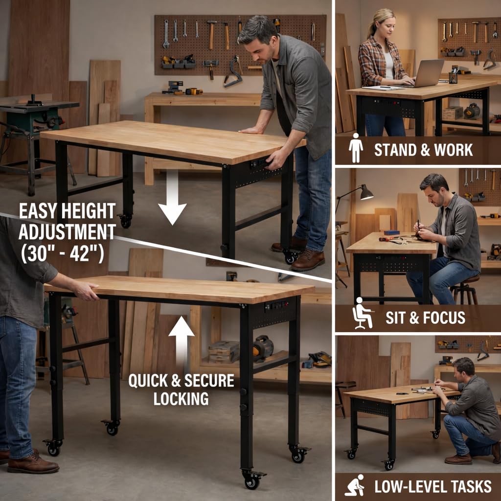 VUWIF 48" Workbench with Casters, Adjustable Height Workbench with Rubberwood Top, Built-in Power Strip with 4 AC Outlets and 2 USB Ports, 2000 LBS Capacity for Garage, Workshop, and Home