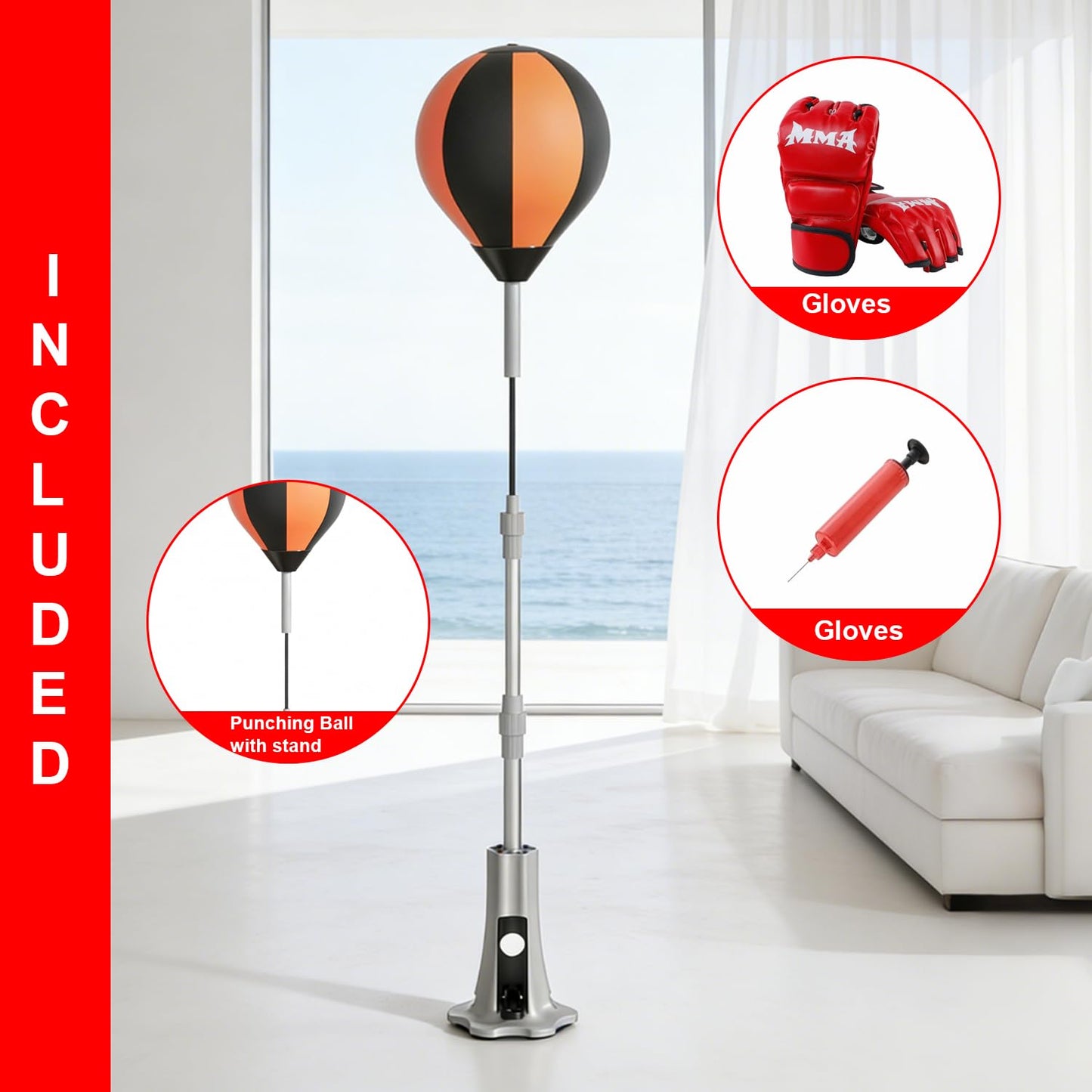 Punching Bag with Stand, Fast Bounceback Reflex Boxing Bag for Adults & Teens, Height Adjustable Speed Bag for Training, Boxing Equipment, One-Touch Suction Attachment