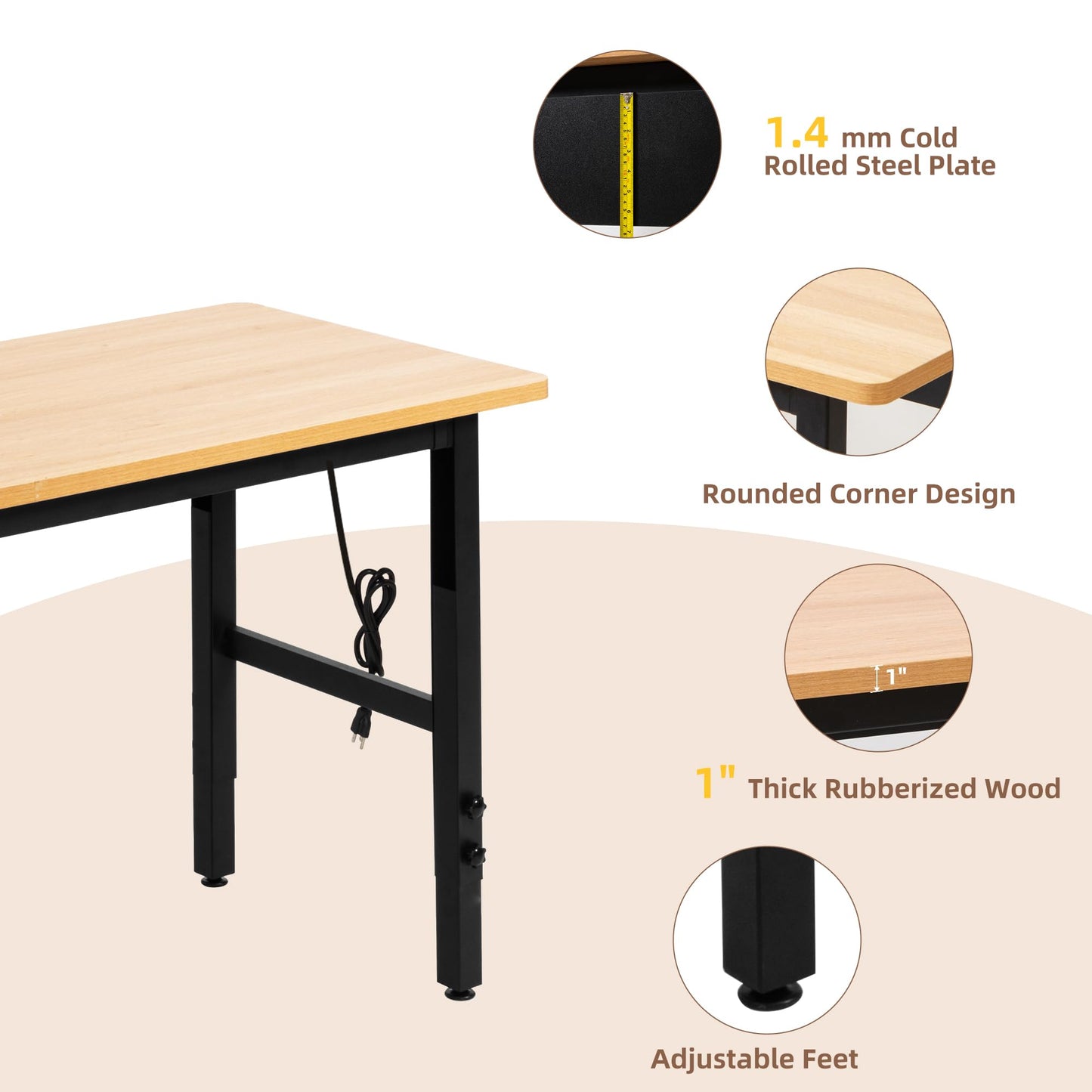 48" Adjustable Workbench with Power Outlets, Work Table for Garage, 2000 LBS Capacity Hardwood Work Bench, Heavy Duty Table for Workshop, Office, Garage, Home