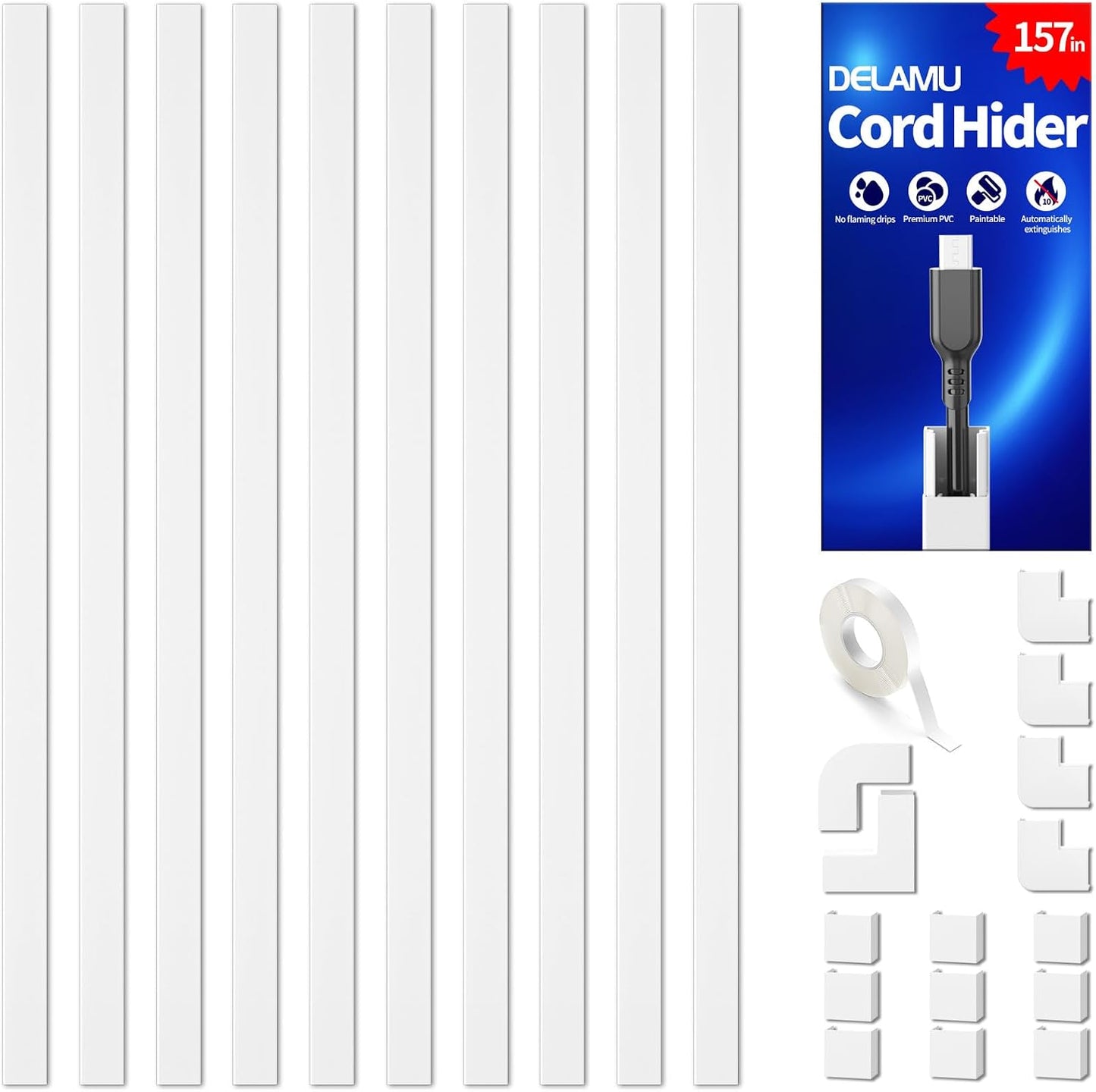 Delamu 157in 1 W0.55 H0.4in, Cord Covers for Wires on Wall, Cord Hider for Cord, Paintable Cable Hider, Cable