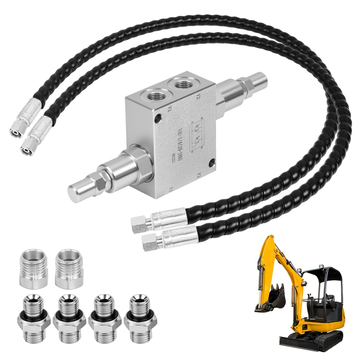Mini Excavator Hydraulic Cushion Valve kit,1/4" Hydraulic Hoses and M14x1.5 Threaded Ends with Hydraulic Swivel Motor Buffer Dual Crossover Relief Cushion Valve