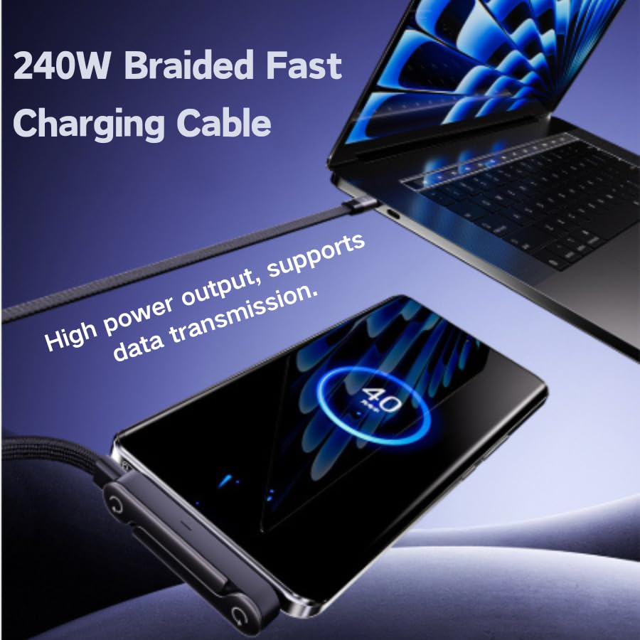 2 1 240W 2026 Sideways Phone Charger, in Invisible Holder Charger Cable, Braided Fast Charge Cable with Built-in Phone