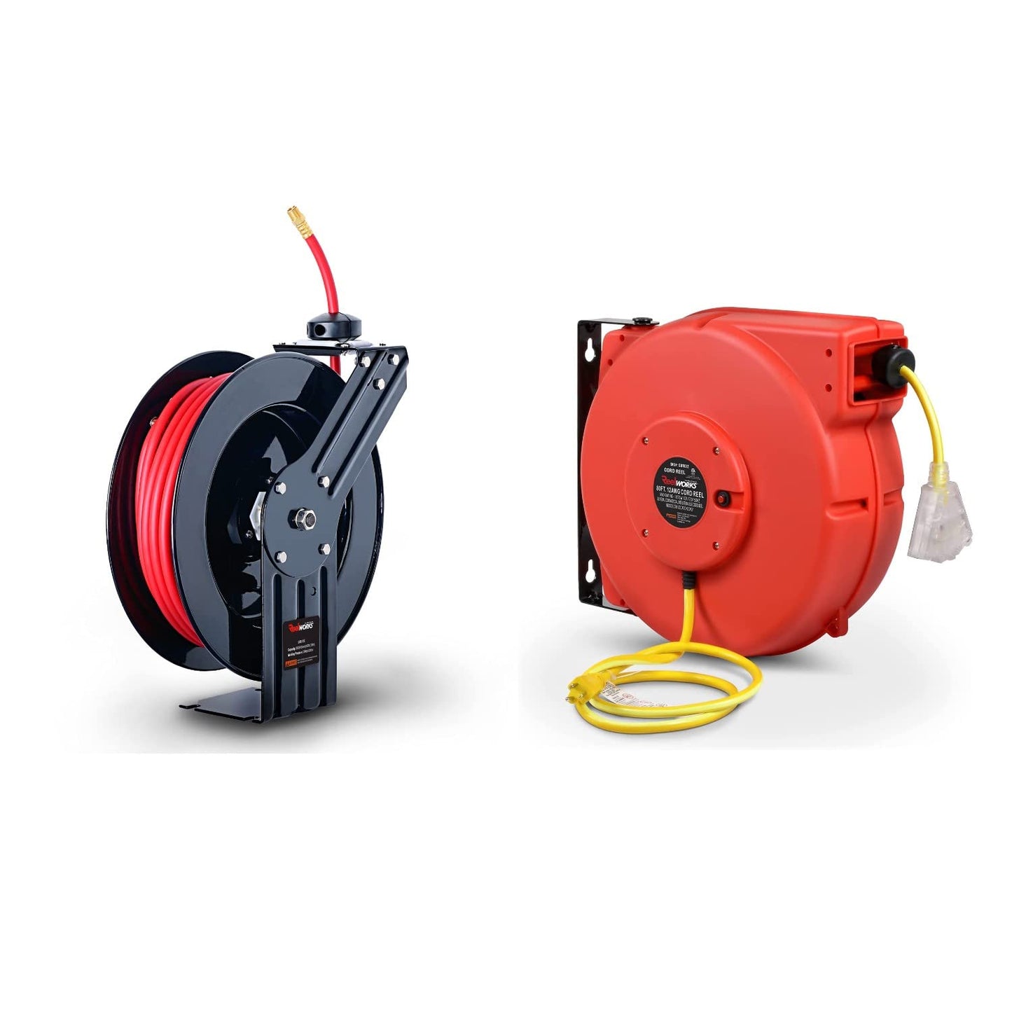 ReelWorks Air Hose Reel Retractable 3/8" Inch x 50' Feet Hybrid Polymer Hose, Max. 300 PSI & Extension Cord Reel Retractable 12awg x 80' Foot 3C/SJTOW Glow Strip Cable