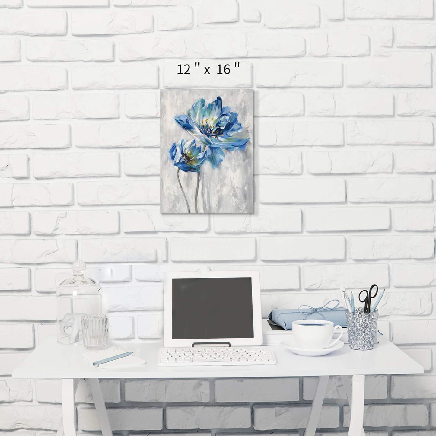 Blue Flowers Pictures Wall Art: Abstract Floral Artwork Wall Decor Print on Canvas (36"x24")