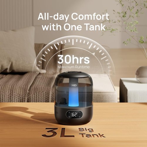 DREO Ultrasonic Humidifier - 3L Top Fill, 30H Quiet Runtime, Humidity Sensor & Night Light - Black