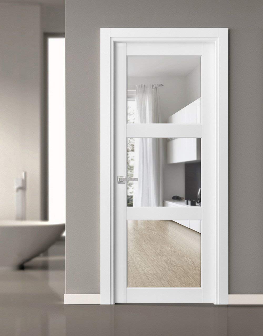 SARTODOORS Solid French Door Clear Glass 3 Lites 32x96 inches | Lucia 2555 Matte White | Single Regular Panel Frame Trims Handle | Bathroom Bedroom Sturdy Doors