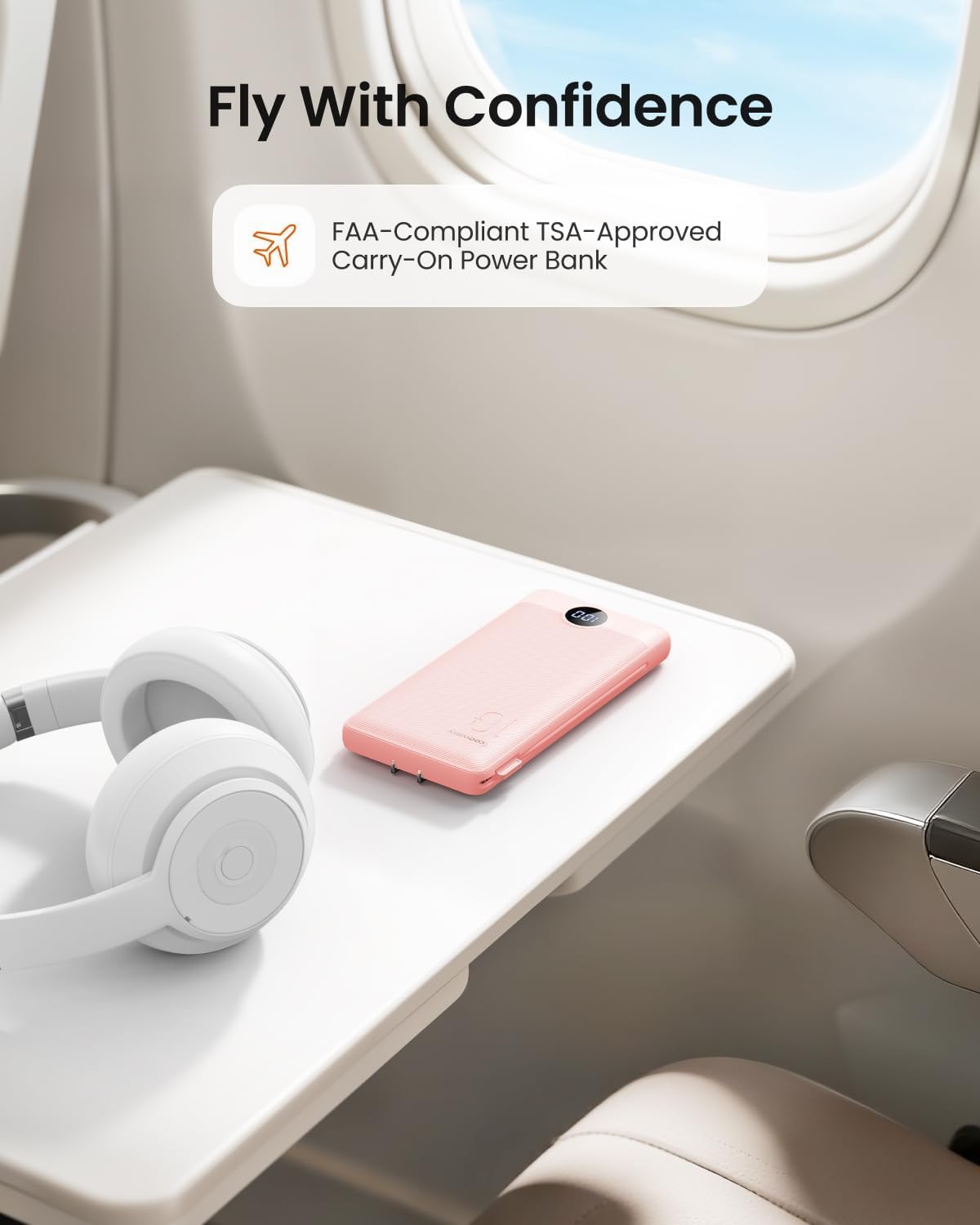Coowisty 10000mAh Pack Portable Charger Built-in Cables and Wall Plug, Slim USB C Power Bank, LED Display External