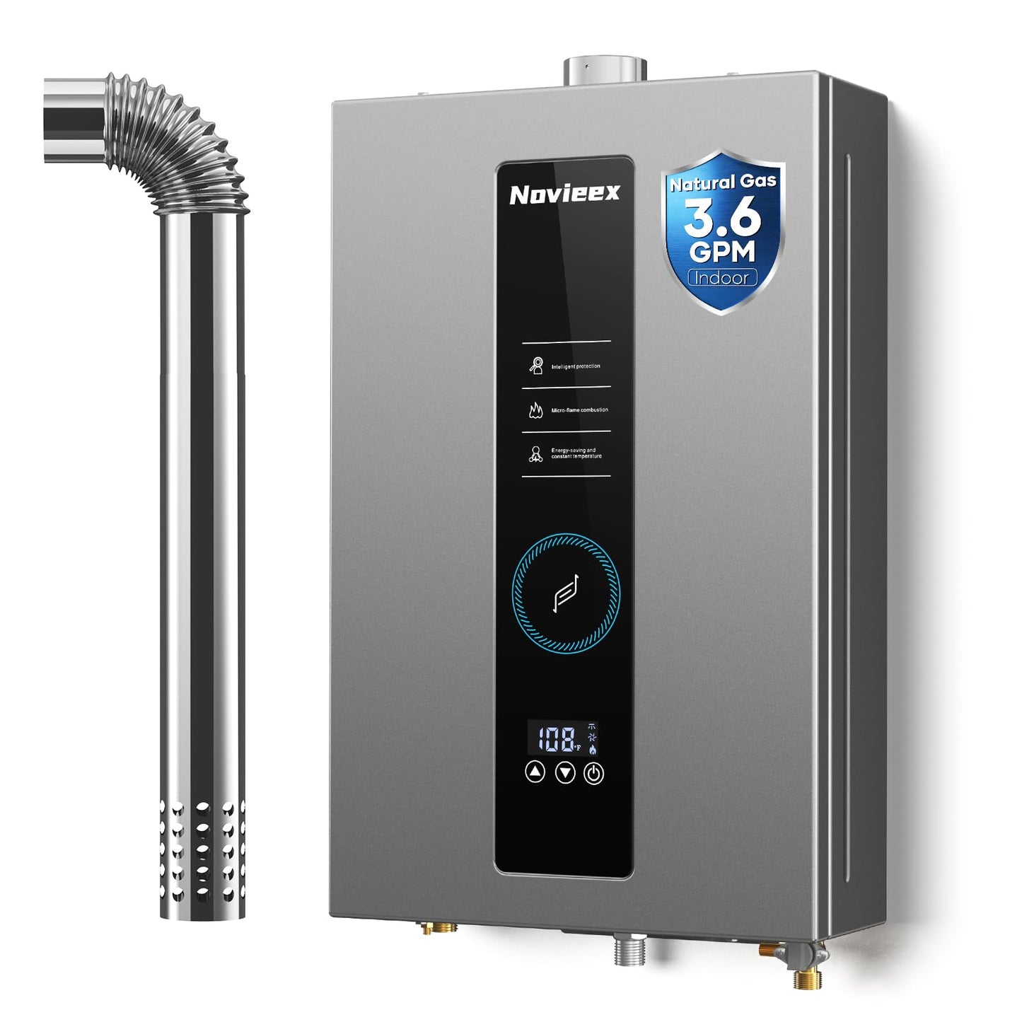 Tankless Water Heater, Novieex On Demand Water Heater Natural Gas, Up to 3.6 GPM, 86,000 BTU Instant Hot Water Heater with LED Display, Indoor Installation, 2-3 Point Use for Family Bathroom Kitchen