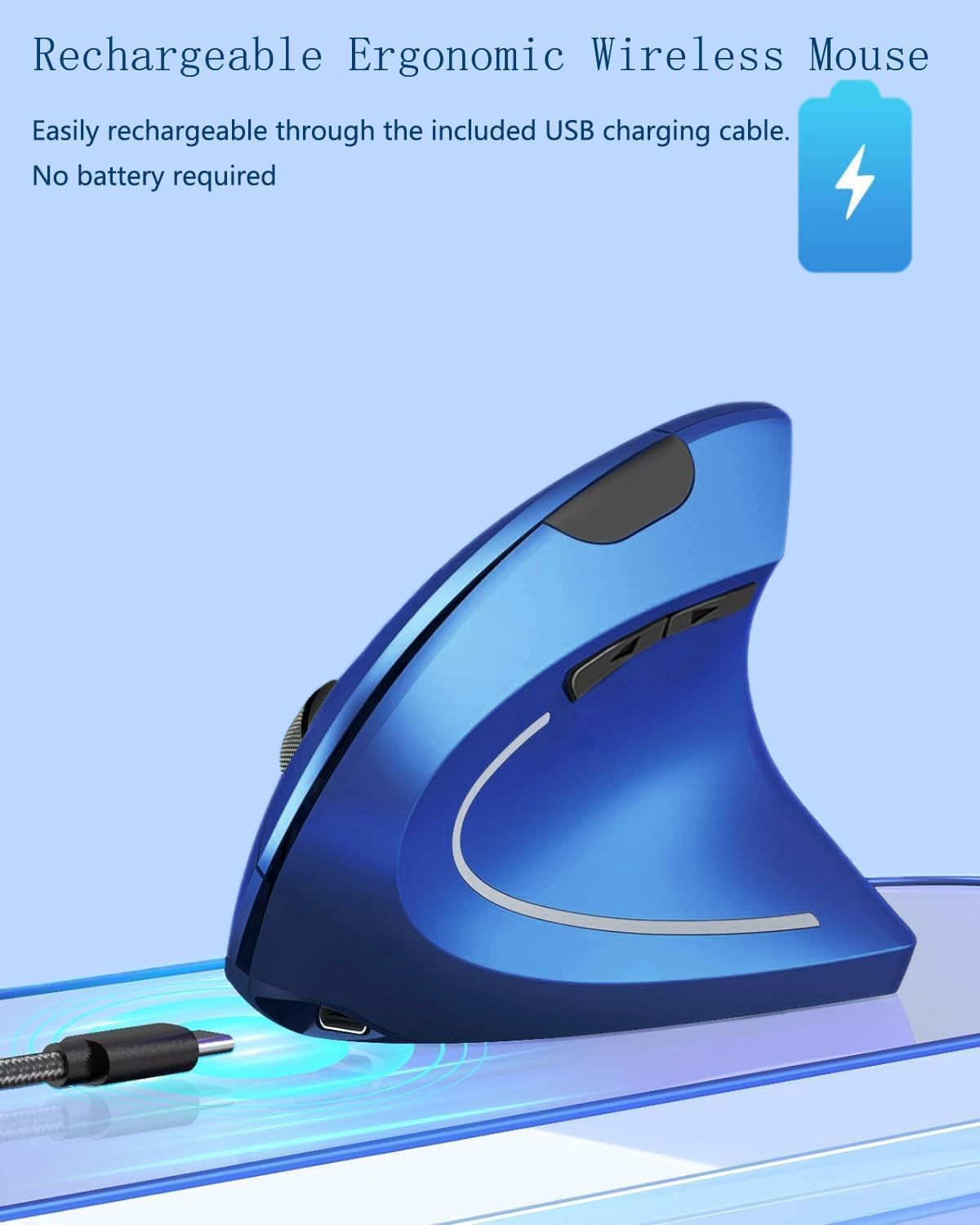 BeWishes 2.4GHz 3 800/1200/1600 Ergonomic Mouse Wireless, Rechargeable Mouse Silent for Carpal Tunnel Right Hand, USB
