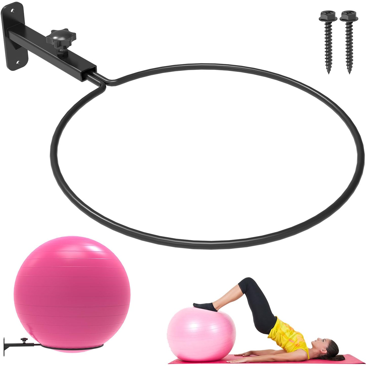 KOMOHOM Universal Wall-Mounted Exercise Ball Holder, Adjustable Yoga Ball Storage Rack for 14 to 30 Inch Stability Balls, Heavy-Duty Metal with 12-Inch Diameter Ring, Space-Saving Design