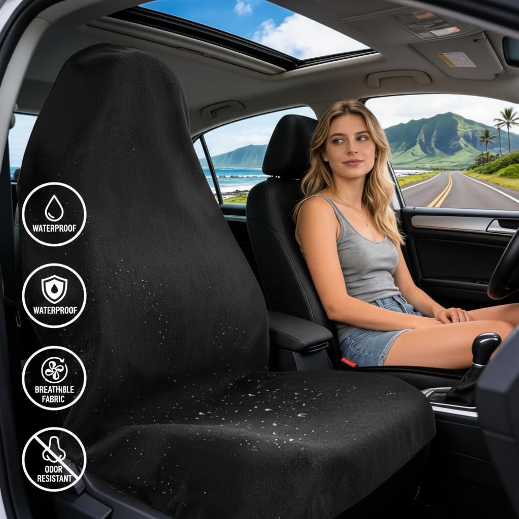 ZIMABLUE 2 Pack Waterproof Towel Car Seat Covers, 1kg Heavy Duty 3-Layer Microfiber Sweat Protector, Non-Slip Machine Washable Universal Bucket Seat Covers for Cars, SUVs, Gym, Beach, Pets, Black