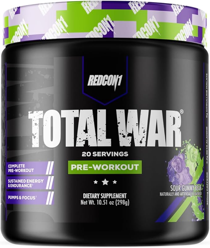 REDCON1 Total War Pre Workout, Sour Gummy Bear - Fast Acting Caffeinated Preworkout for Men + Women with Beta Alanine - Contains Citrulline Malate for Increased Pump, Blood Flow (20 Servings)