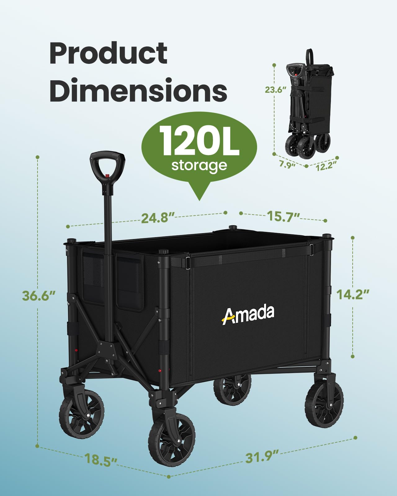 120L Wagons Carts Foldable, Collapsible Wagon Cart with 220 lbs Max Load and Expandable Storage, Heavy-Duty Foldable Wagon Cart with Wheels for Groceries, Shopping, Sport, Beach, Garden and Camping