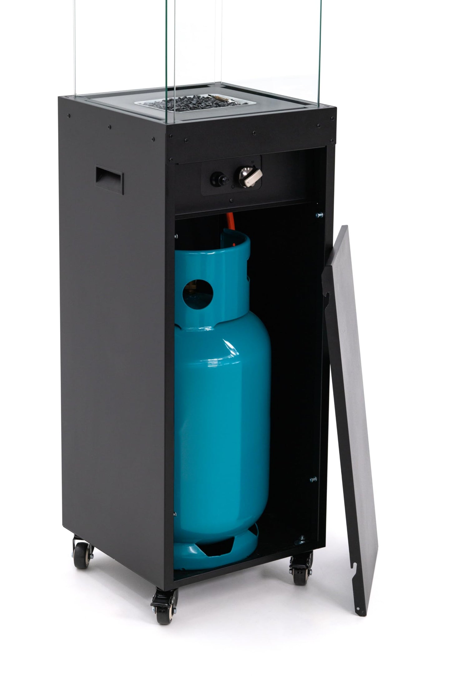 Planika Faro 41,000 BTU Propane Patio Heater 59" Modern Freestanding Glass Tower with Wheels, Smokeless 360° Flame, Cover & Regulator Included for Commercial & Residential Outdoor Spaces